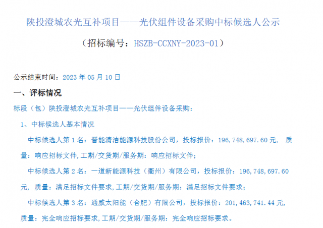 最低1.61元/W！這些企業擬中標陜投澄城農光互補項目組件采購